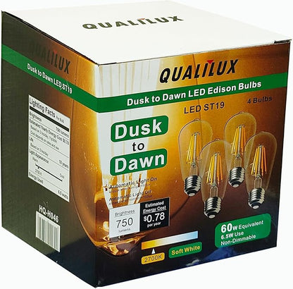Qualilux Dusk to Dawn Edison Light Bulbs ST58(ST19), Soft White 2700K, 6.5W=60W, Non-Dimmable Auto On/Off, Light Sensing LED Filament Bulb Outdoor for Porch Patio Garage Garden,750LM, E26, 4-Pack