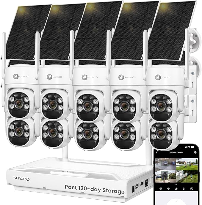 XMARTO Wire-Free Solar PTZ Security Camera Set, 10CH 4K Expandable WiFi 6 NVR with 10*4MP 2K Wireless Outdoor CAM, AI Auto Tracking, All-Weather Solar Charging, 120-Day Local Storage, No Monthly Fee