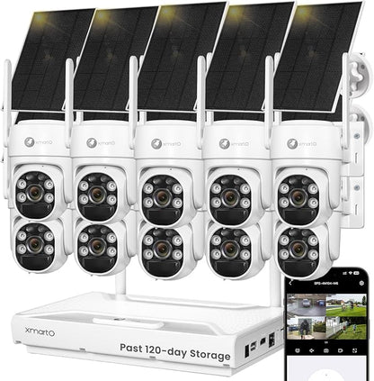 XMARTO Wire-Free Solar PTZ Security Camera Set, 10CH 4K Expandable WiFi 6 NVR with 10*4MP 2K Wireless Outdoor CAM, AI Auto Tracking, All-Weather Solar Charging, 120-Day Local Storage, No Monthly Fee