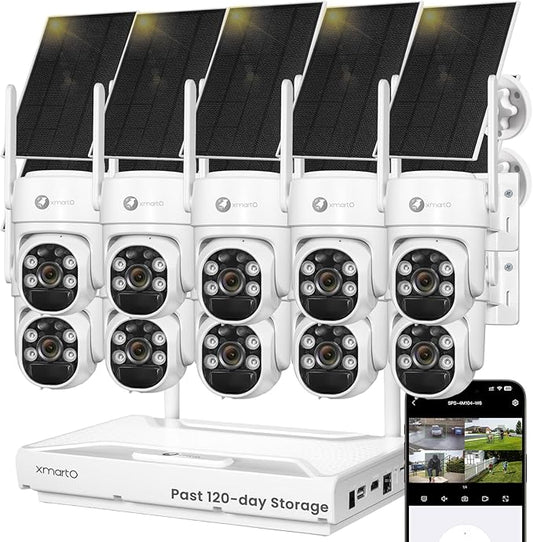 XMARTO Wire-Free Solar PTZ Security Camera Set, 10CH 4K Expandable WiFi 6 NVR with 10*4MP 2K Wireless Outdoor CAM, AI Auto Tracking, All-Weather Solar Charging, 120-Day Local Storage, No Monthly Fee