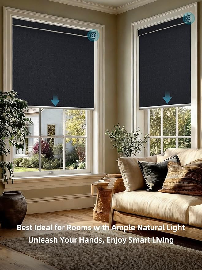 SmartWings Motorized Smart Blinds with Remote, Custom Automatic 100% Blackout Roller Shade Compatible with Alexa/Homekit/Google, Electric Smart Blinds for Indoor Windows, Eclipse Onyx Black