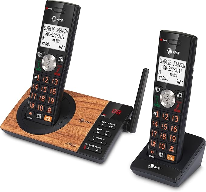 AT&T CL82267 DECT 6.0 2-Handset Cordless Phone for Home with Answering Machine, Call Blocking, Caller ID Announcer, Intercom and Long Range, Black & Wood Grain Finish