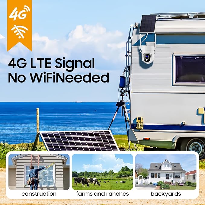 Camii 4G LTE Cellular Security Smart Camera No WiFi 360°View 2K HD Cameras Outdoor Solar Battery Powered 2K Cam for Home Security Color Night Vision Motion Detection SIM Card/SD Card Storage