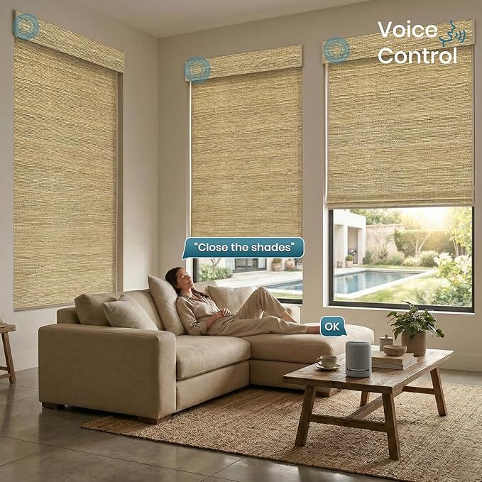 Motorized Roman Shades with Remote,Wooden Blinds Compatible with Alexa/Google/Apple Homekit,Natural Woven Wood Blinds,Customized Size,Crocheting Pale Yellow