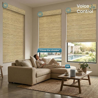 Motorized Roman Shades with Remote,Wooden Blinds Compatible with Alexa/Google/Apple Homekit,Natural Woven Wood Blinds,Customized Size,Crocheting Pale Yellow