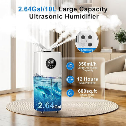 Uthfy 2.64Gal/10L Humidifier for Large Room, Dual 360° Nozzles Ultrasonic Humidifiers for Bedroom, Remote/Touch Control, Top Fill, 12H Timer