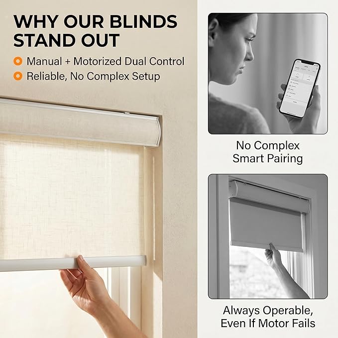 Interior Window Shades, Motorized Blinds No Drill, Cordless Automatic Roller Shades, Smart Blinds Compatible with Alexa & Google Assistant, UV Protection (White 40" W x 72" H)
