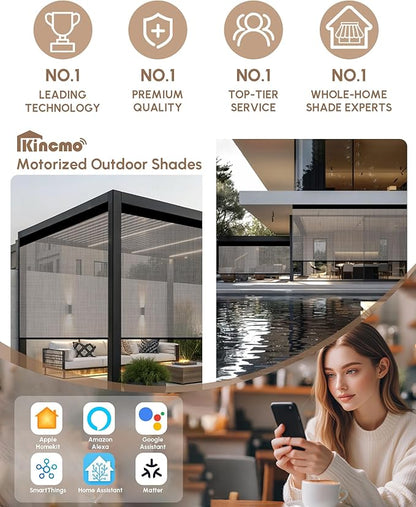 Kincmo Motorized Outdoor Shades for Patio Porch, Custom Outdoor Motorized Blinds with Remote, Waterproof & Windproof Patio Shades Work with Apple Homekit,Alexa,Google (5% Openness Texture White Grey)