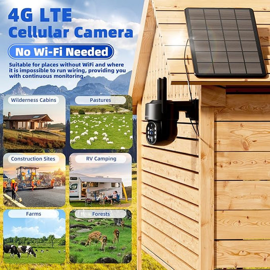Black 4G LTE Solar Security Camera Outdoor, No WiFi/Internet Needed, 4MP Full Color Night Vision, 360° View, Built-in SIM, AI Motion Alarm, 2-Way Talk for Backyard/Driveway