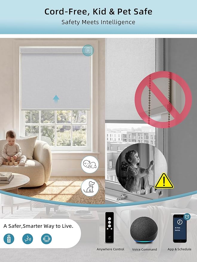 SmartWings Motorized Smart Blinds with Remote, Custom Automatic 100% Blackout Roller Shade Compatible with Alexa/Homekit/Google, Electric Smart Blinds for Indoor Windows, Bouvardia Light Grey