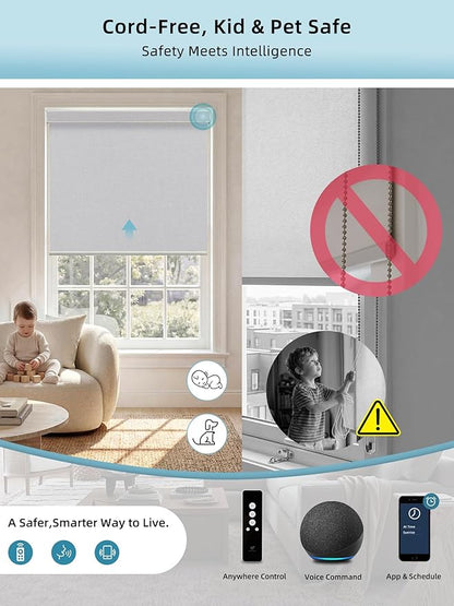 SmartWings Motorized Smart Blinds with Remote, Custom Automatic 100% Blackout Roller Shade Compatible with Alexa/Homekit/Google, Electric Smart Blinds for Indoor Windows, Bouvardia Light Grey