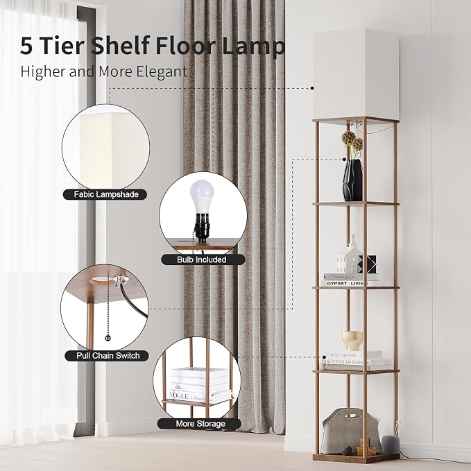 SUNMORY 5 Tier Floor Lamp with Shelves, Standing Lamps for Living Room