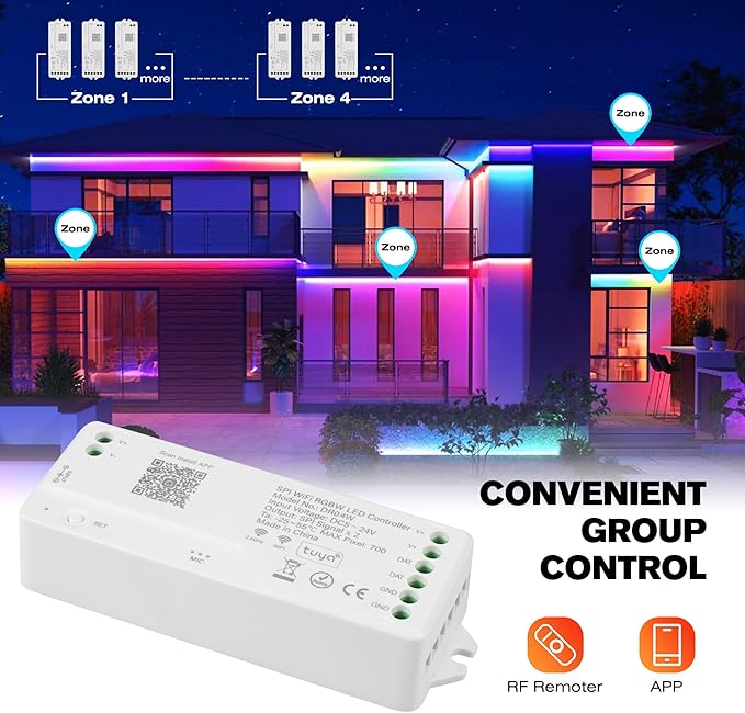 DR04W WiFi SPI 5~24V RGB Controller - Designed for Addressable LED Strip Lights, Compatible with Alexa Google Home Siri Smart Life Tuya APP Control Work with RC03RF WR01RF 2.4G RF Remoter etc