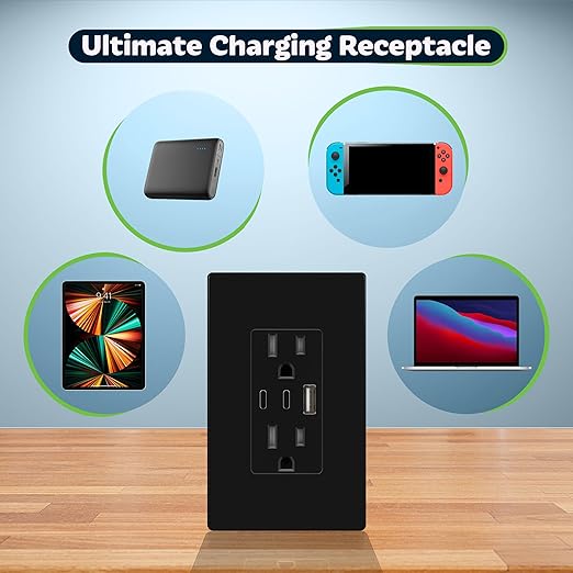 TOPGREENER 4.2A 3-Port Type C USB Outlet, 15 Amp Receptacle Plug, Charging Power Outlet with Dual Type C&A Ports, Screwless Wall Plate Included, UL Listed, TU21542AC2-BKSID, Black