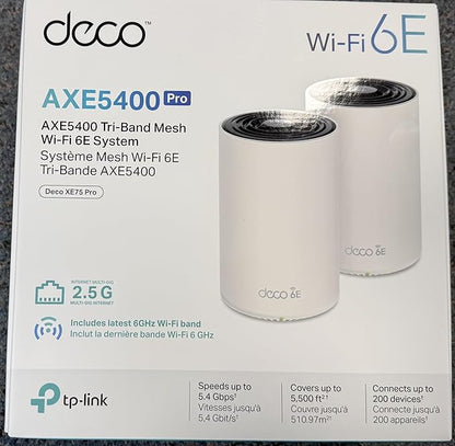 TP-Link Deco XE75 Pro AXE5400 Tri-Band WiFi 6E Mesh System - 2.5G WAN/LAN Port, Covers up to 5500 Sq.Ft, Replaces WiFi Router and Extender, AI-Driven Mesh, New 6GHz Band, 2-Pack