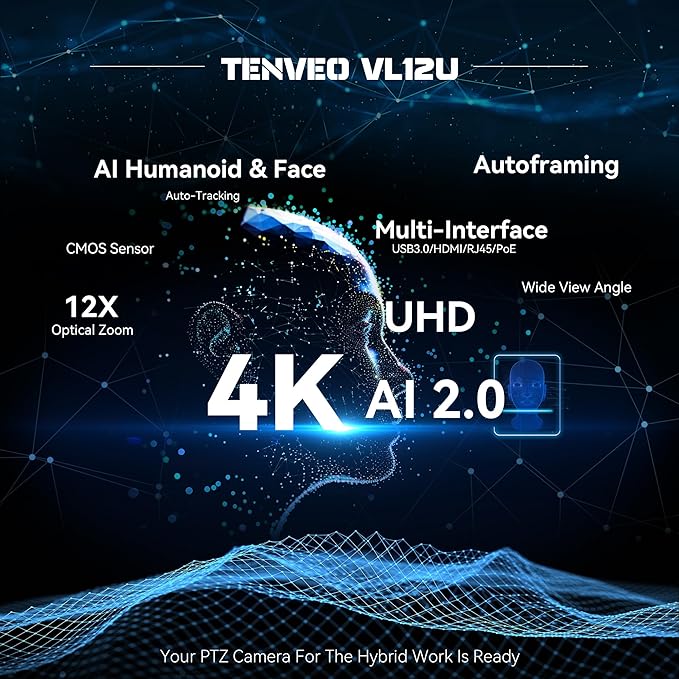 Tenveo 4K PTZ Camera, AI Humanoid & Face Auto-Tracking, 12X Optical Zoom Wide Angle, USB3.0/HDMI/LAN PoE IP Live Streaming for Church Video Conference Broadcast Zoom Teams YouTube OBS