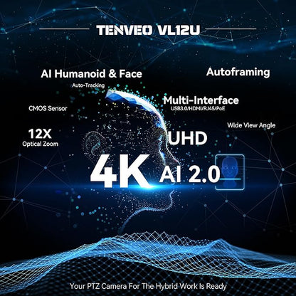 Tenveo 4K PTZ Camera, AI Humanoid & Face Auto-Tracking, 12X Optical Zoom Wide Angle, USB3.0/HDMI/LAN PoE IP Live Streaming for Church Video Conference Broadcast Zoom Teams YouTube OBS