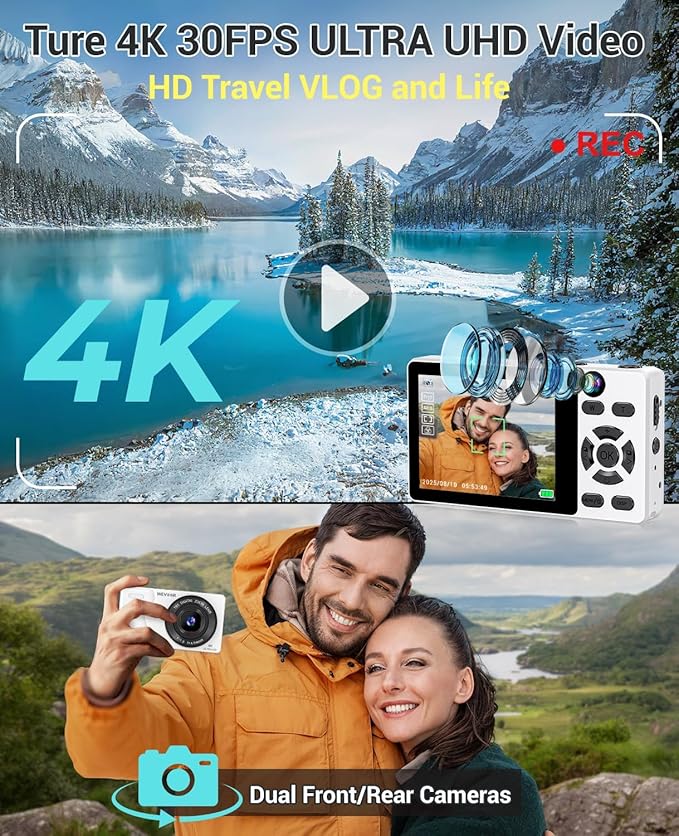 4K Digital Camera for Photography- 64MP Autofocus Vlogging Camera with Dual Lens, 18X Digital Zoom- Small Point and Shoot Camera with Card and 2000mAh for YouTube, Travel, Beginners (White)