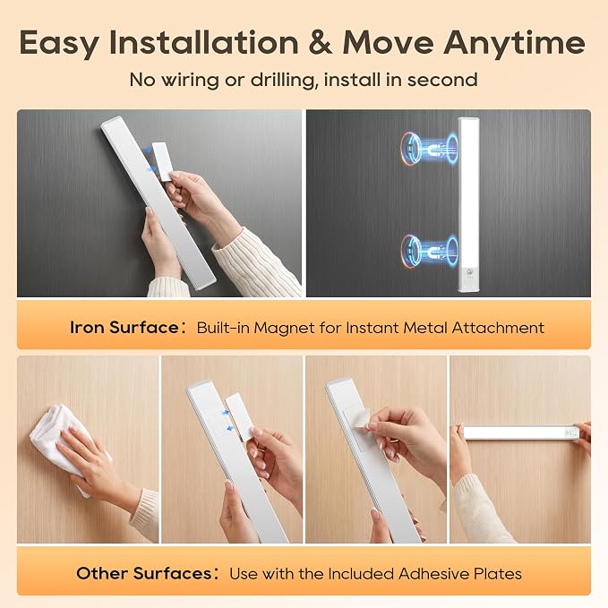 14.7 Inch Under Cabinet Lighting, 6 Color Temps Motion Sensor Light Indoor, LED Power Display Rechargeable Battery Operated Closet Light, Magnetic Dimmable Under Counter Lights for Kitchen-2 Pack