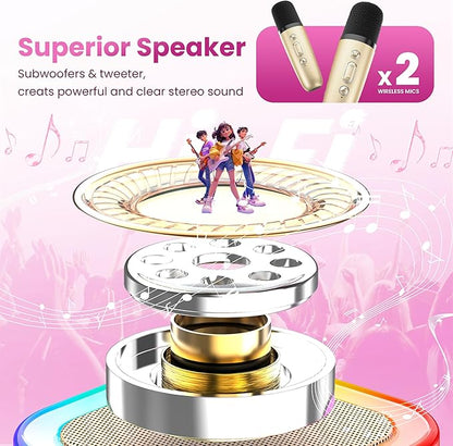Mini Karaoke Machine for Kids Adults, 2026 TOP Birthday Gifts for Girls Boys 3,4,5,6,7,8+Year Old Toddler Toys, Portable Bluetooth Speaker with 2 Wireless Karaoke Microphones Player (Gold)