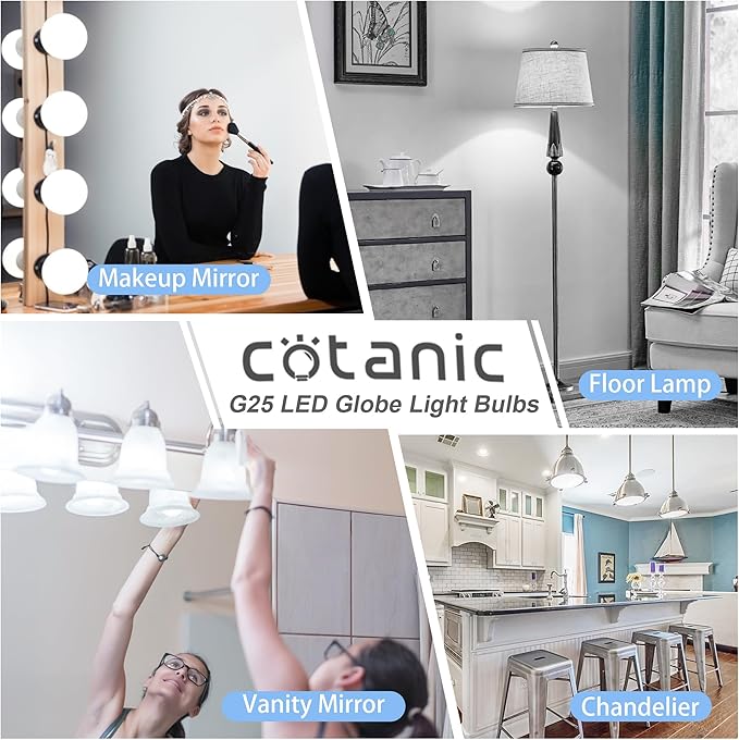 Cotanic 5000K Daylight Globe Light Bulbs, E26 Standard Base, 5W(60 Watt Equivalent Incandescent Replacement), 500LM, Non-Dimmable, 8-Pack, Bathroom G25 LED Vanity Light Bulb