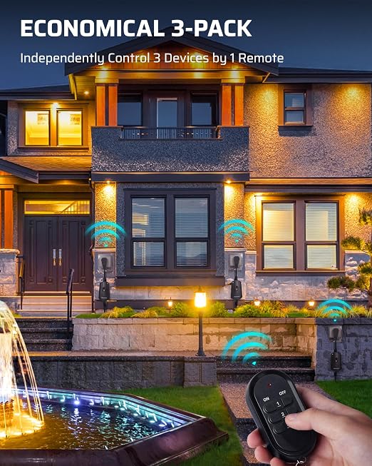 DEWENWILS Outdoor Wireless Remote Control Outlet Kit, Waterproof Electrical Plug for Indoor Outdoor Lights, Separately Controlled 3 Pack Receivers, 100 Feet RF Signal, UL Listed