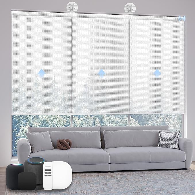 Motorized Coupled Shades, Falme Resistant Smart Solar Shades for Large Windows Automatic Blinds Compatible with Alexa, Electric Roller Blinds Customized for Home Office(5% Openness White)