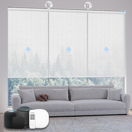 Motorized Coupled Shades, Falme Resistant Smart Solar Shades for Large Windows Automatic Blinds Compatible with Alexa, Electric Roller Blinds Customized for Home Office(5% Openness White)