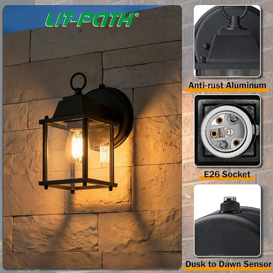 LIT-PaTH Dusk to Dawn Outdoor Wall Lantern, Wall Sconce Waterproof Porch Lighting Fixture, E26 Base, Aluminum Housing with Glass Shade, 1-Pack, Black