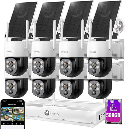 xmartO Wireless Solar PTZ Security Camera System, 8-Cam Bundle, 4MP QHD, 4K 10CH Expandable WiFi NVR, All-Weather Solar Charge, Two-Way Audio, PIR Sensor, No Monthly Fee, 500GB