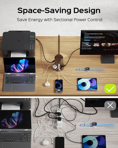 JACKYLED Power Strip Tower Surge Protector, 12 AC 6 USB (2 USB C), 1050J | 6.5Ft Retractable Extension Cord with Multiple Outlets, 1625W/13A Outlet Extender, USB Charging Station for Home Office Dorm