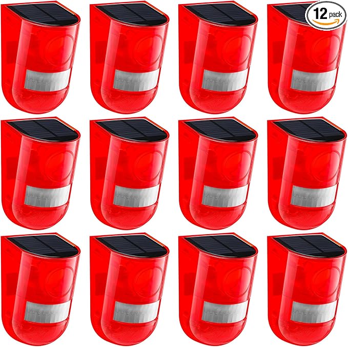Qualirey Solar Sound and Light Alarm Motion Sensor 129db Outdoor Security Siren Waterproof Activated Detector Driveway Alarm 6 LEDs Flash Warning Deterrent Strobe System for Home, Farm(Red,12 Pack)