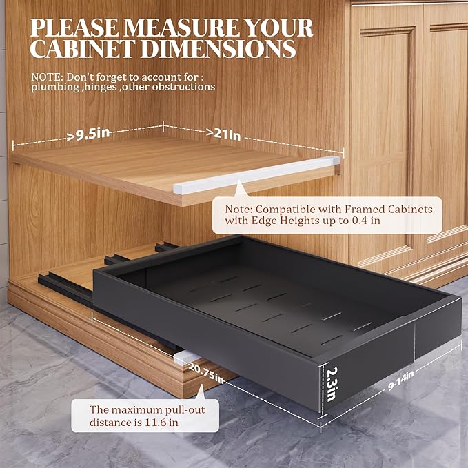 Seinloes 4 Pack Expandable Pull Out Cabinet Organizer 21"Deep With Raising Pad for Framed Cabinets,Upgrade 3 Slide Rails Slide Out Drawers,No Drill Roll Out Shelves,Adjustable Width 9"-14" Black