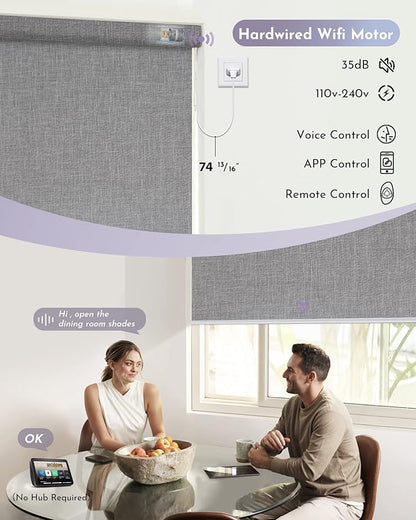 Graywind Motorized Shades 100% Blackout Work with Alexa Google WiFi Smart Hardwired Window Shade Remote Control Thermal Insulated Electric Blinds, Customized Size (Light Gray)