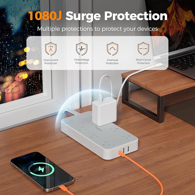 TESSAN Power Strip Surge Protector, 6FT Flat Plug Extension Cord