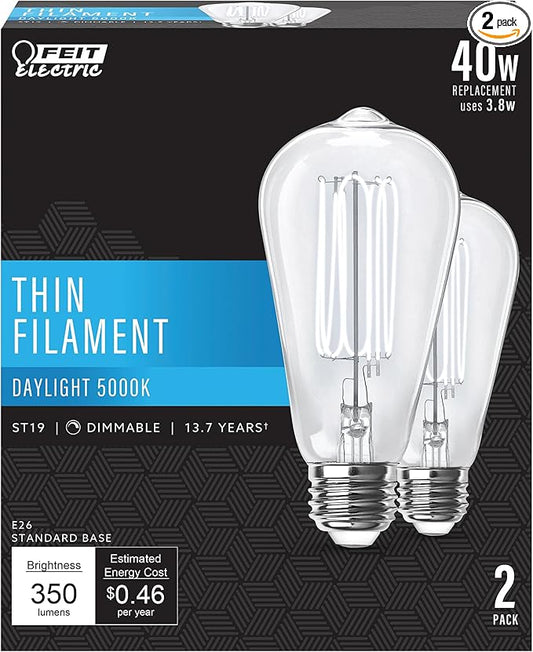 Feit Electric ST19 Vintage Edison LED Light Bulb, 40W Equivalent, Dimmable, 5000K Daylight, E26 Base, Clear Glass Thin Filament Lighting Bulbs, 15,000-Hour Lifetime, ST1940/950CATFIL/2, 2 Pack