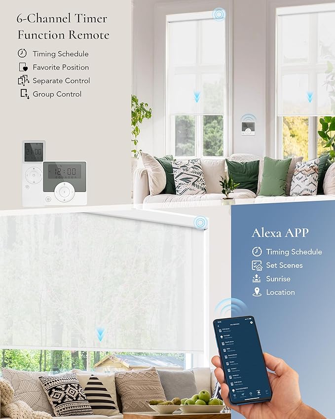 Motorized Light Filtering Shades Compatible with Alexa Google Smart Blinds Automatic Window Shade Remote Control 30% Blackout Foggy White