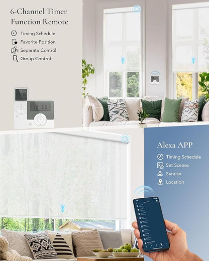 Motorized Light Filtering Shades Compatible with Alexa Google Smart Blinds Automatic Window Shade Remote Control 30% Blackout Foggy White