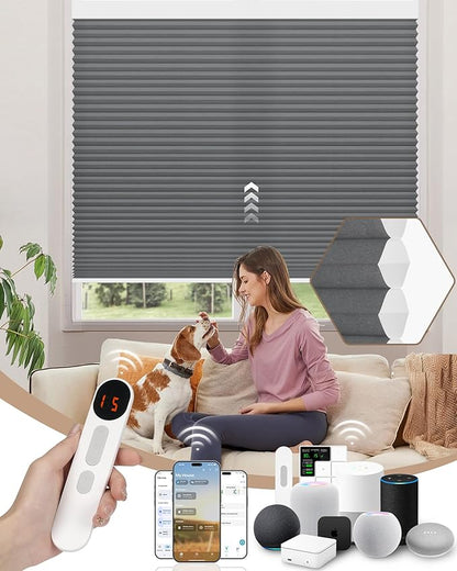 Kincmo Motorized Cellular Shades, Custom Motorized Blinds with Remote, Cordless Smart Electric Honeycomb Blinds Work with Apple HomeKit, Alexa, Google (75%-Blackout-Single-Cell Dark Grey)