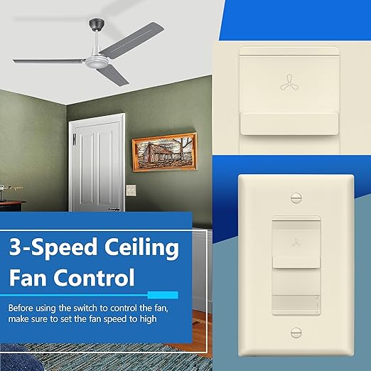 LIDER 3-Speed Fan Switch, Slider Switch for Fan, Ceiling Fan Control Switch, 120V, 2.5A Motor, Single Pole, Modern Upgrade, UL Listed, Wall Plate Included, Light Almond, 2 Pack