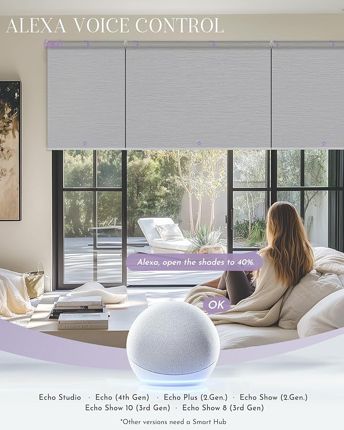Graywind Smart Coupled Roller Shades Compatible with Alexa Google Custom Size Extra Large Motorized Blinds for Windows(Striped Light Grey)