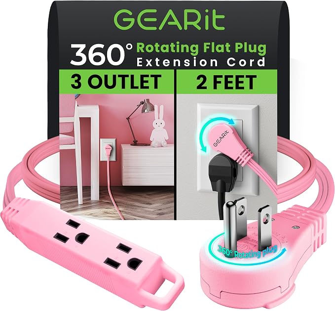 GEARit 2 ft 360° Rotating Flat Plug Extension Cord, 3 Outlet Low Profile Power Cord, 16 AWG 13A 3 Prong Grounded Indoor Cord, ETL Listed, Space-Saving for Furniture, Pink
