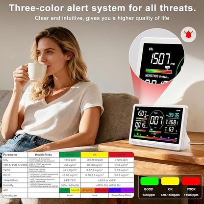 16 in 1 Air Quality Monitor Indoor 7" Display 9 AQI+7 AQI Alerts,Portable Air Quality Tester CO2, TVOC, PM2.5 PM1.0 PM10, HCHO Temperature Humidity Temp & Time Air Quality Meter for Home