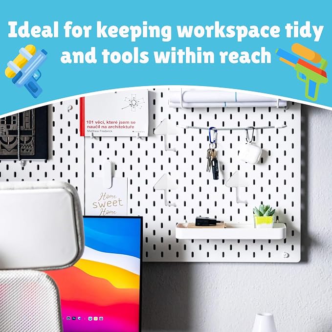 Peg Board for Nerf Gun Storage Organizer - 14.2 x 8.5 x 11 In - White | ABS Plastic Hanging Holder Compatible with All Blasters Nerf Gun Rack Organizer for Wall Organization with 10 Triangle Hooks