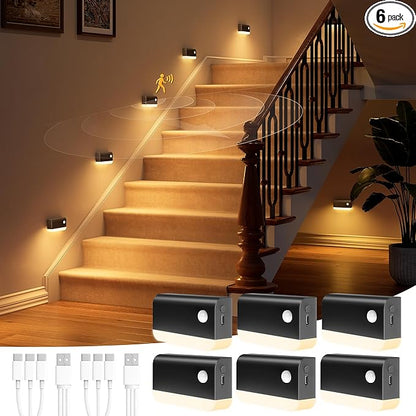NIORSUN Motion Sensor Stair Lights Indoor, 6 Pack Rechargeable Wireless Step Lights with 3 Color Temperatures, 1200mAh Battery, Magnetic Base for Hallway, Closet, Bathroom, Black