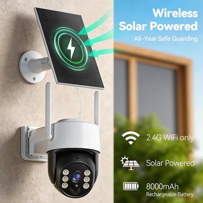 Chpuss Solar Security Camera Wireless Outdoor, 2K HD Surveillance Solar Powered WiFi Camera, Color Night Vision, PIR Detection, 360° View, 2-Way Talk, Spotlight Siren Alarm (Black & White - 2PACK)