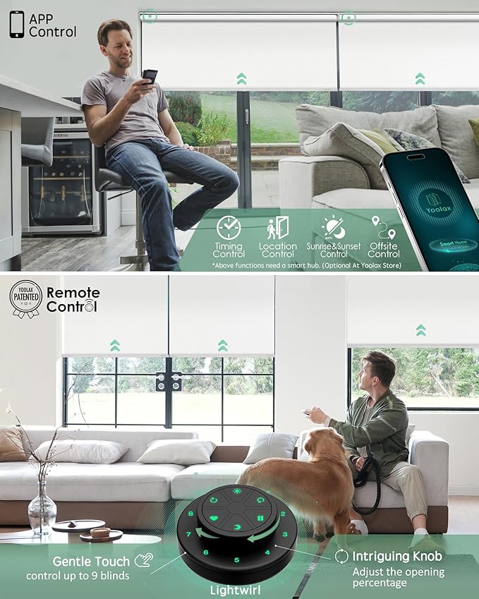Yoolax Motorized Blinds with Remote, 100% Blackout Smart Roller Shades Work with Alexa, Google, Apple Homekit, Custom Automatic Shades with Voice Control for Bedroom Office (Pure White)