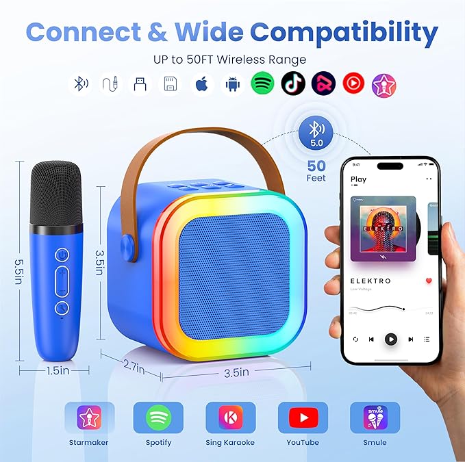Mini Karaoke Machine for Kids Adults, 2026 TOP Birthday Gifts for Girls Boys 3,4,5,6,7,8+Year Old Toddler Toys, Portable Bluetooth Speaker with 2 Wireless Karaoke Microphones Player (Deepblue)