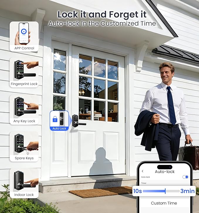 Veise VE019 Fingerprint Smart Lever Lock, App Control, Keyless Entry Door Lock with Handle, Touchscreen Keypad Knob for Front Door and Bedroom, Remote Access Sharing, IP55 Waterproof, Matte Black