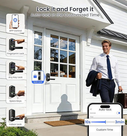 Veise VE019 Fingerprint Smart Lever Lock, App Control, Keyless Entry Door Lock with Handle, Touchscreen Keypad Knob for Front Door and Bedroom, Remote Access Sharing, IP55 Waterproof, Matte Black
